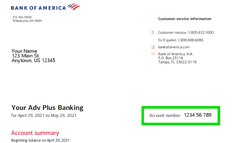 screenshot of a bank statement showing the account number in a green box