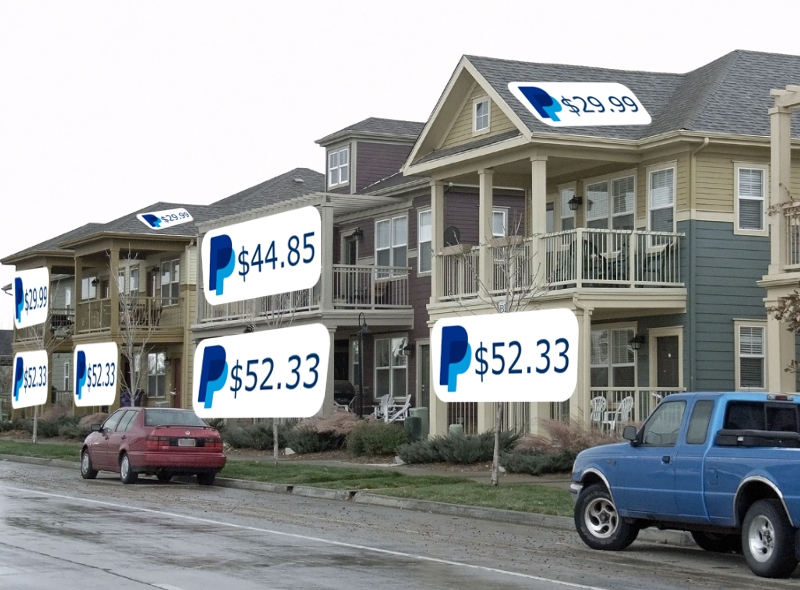 PayPal price stickers cover a row of multifamily housing in Colorado. Total fees to collect rent are $30 to $53 per unit per month.
