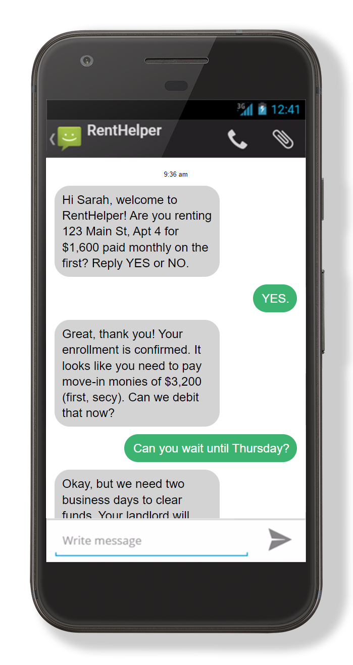 A sample text message conversation showing enrollment, confirmation, and negotiation over move-in money payment date.