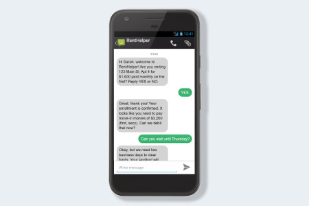A screenshot of a phone showing a conversation between RentHelper and a renter. The renter confirms their enrollment and delays payment until they have funds.